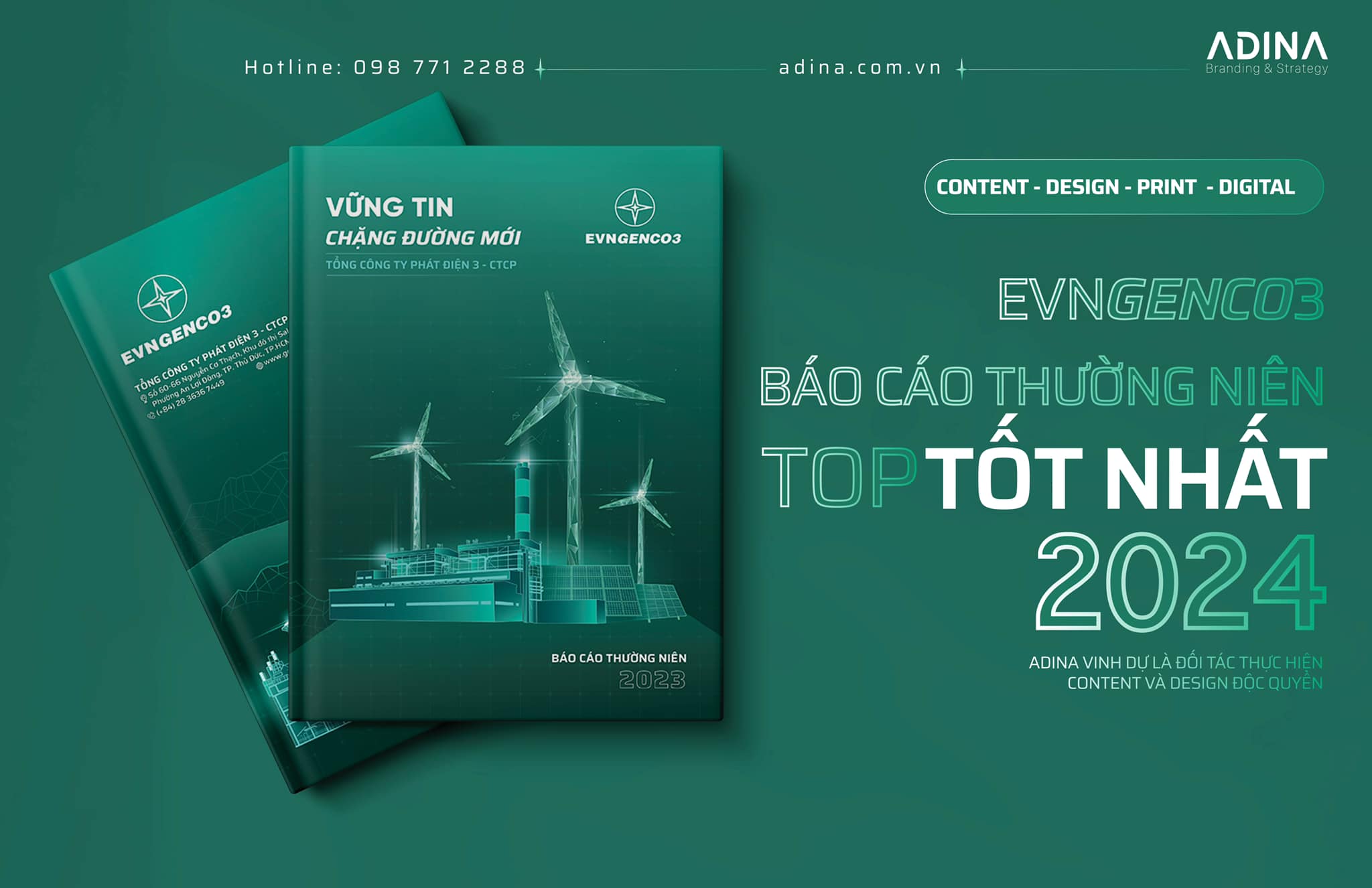 Báo cáo thường niên EVNGENCO3 2023 do ADINA thiết kế đạt giải thưởng top tốt nhất 2024.
