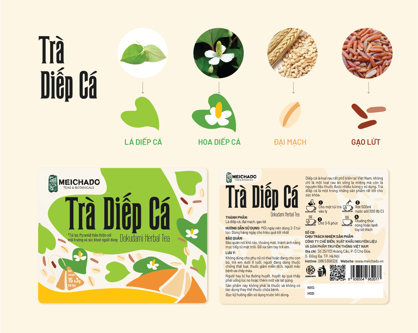 Bao bì cần trình bày rõ ràng thành phần, xuất xứ với bố cục rõ ràng, font chữ dễ đọc, màu nền tương phản tốt. 