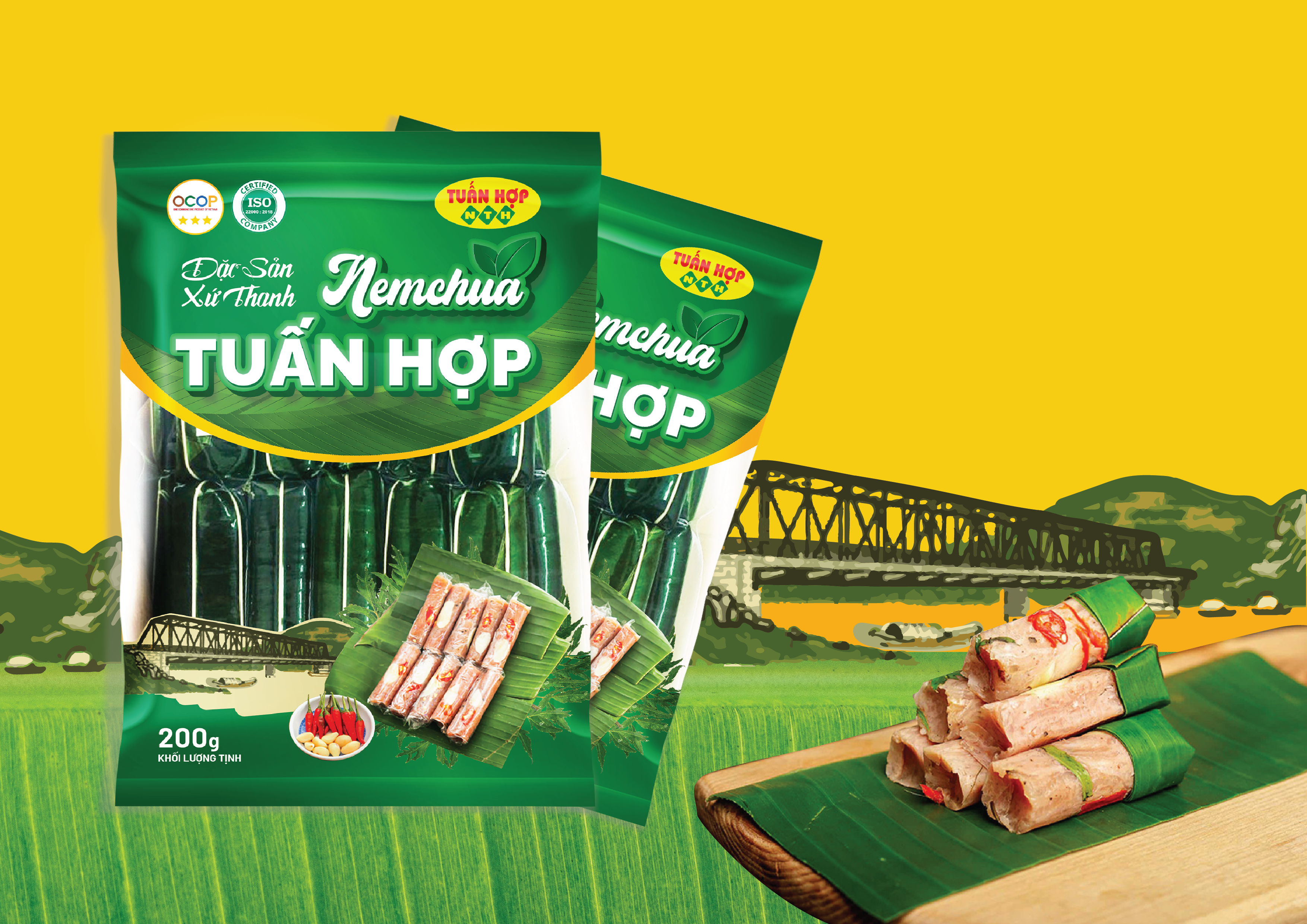 Bao bì vẽ tay hình ảnh chiếc cầu giúp thể hiện được nguồn gốc của món Nem chua Xú Thanh.