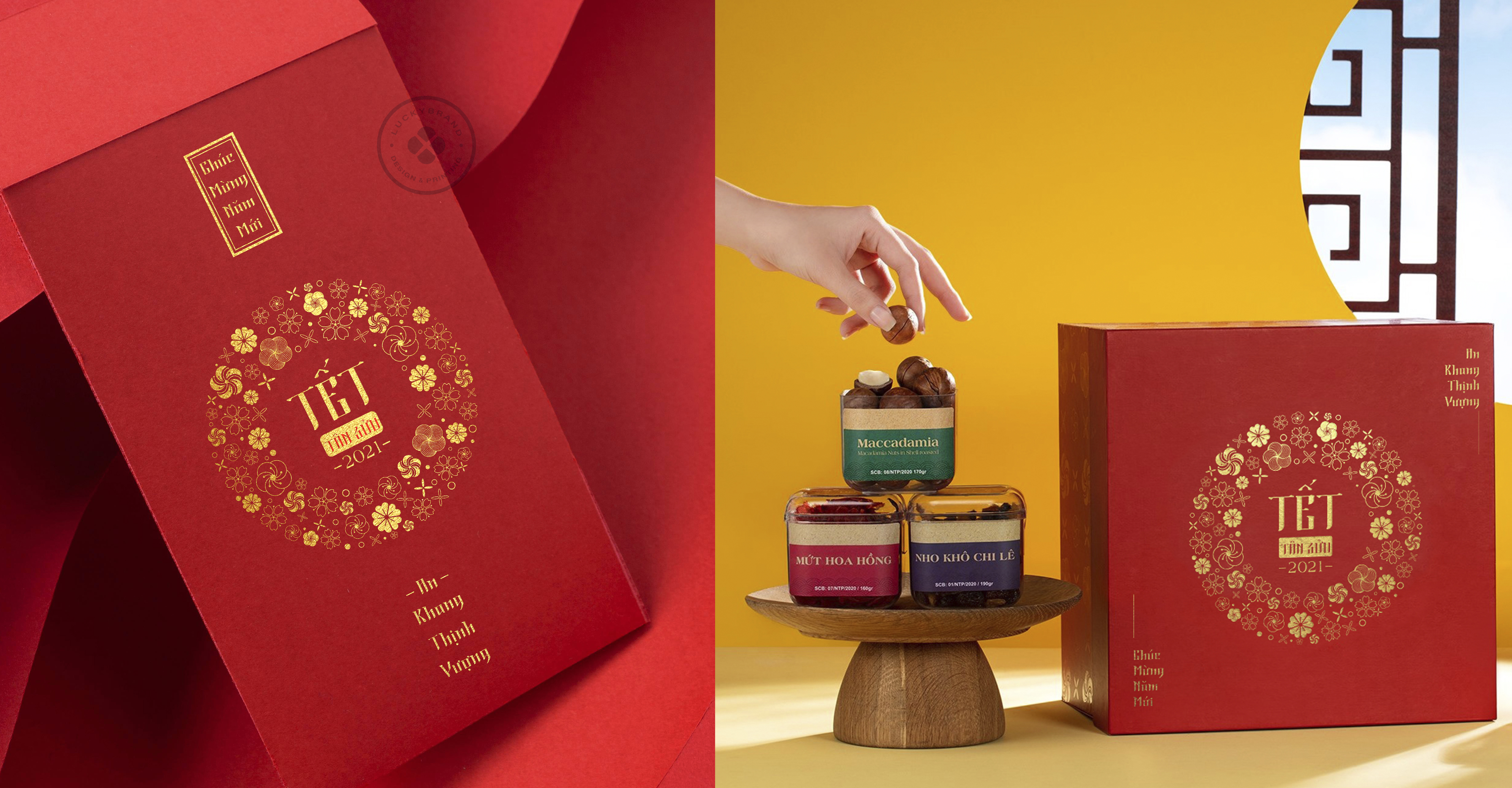 Thiết kế bao bì Tết 2026 không thể thiếu hoạ tiết hoa mai, hoa đào.